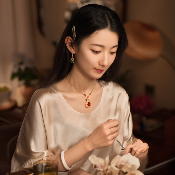 生活瞬間,美女,香港美女,絲綢,美妝廣告,家庭餐桌,4K超清,寫實風格,溫馨,柔和室內光,細膩皮膚,項鍊,耳環,手鏈。